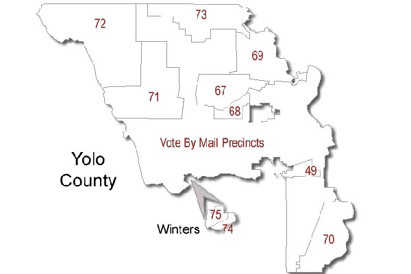 A map of yolo county with the number 7 5 in each region.