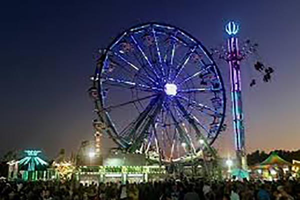 A ferris wheel with lights and people in the background.